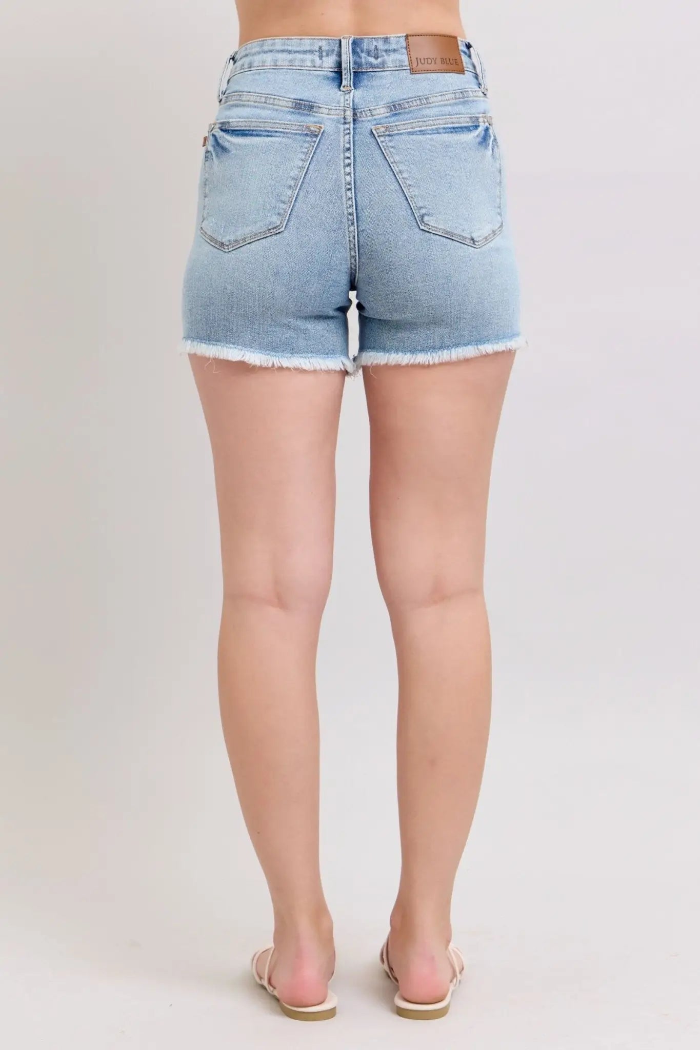 Tummy Control Raw Hem Denim Shorts - Denim Shorts