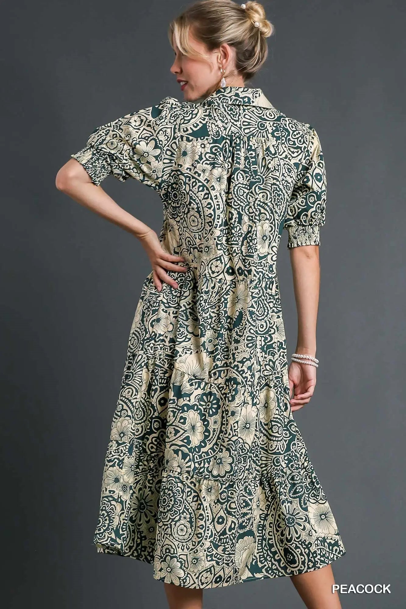 Turquoise Printed Puff Sleeve Midi Dress - Midi Dresses