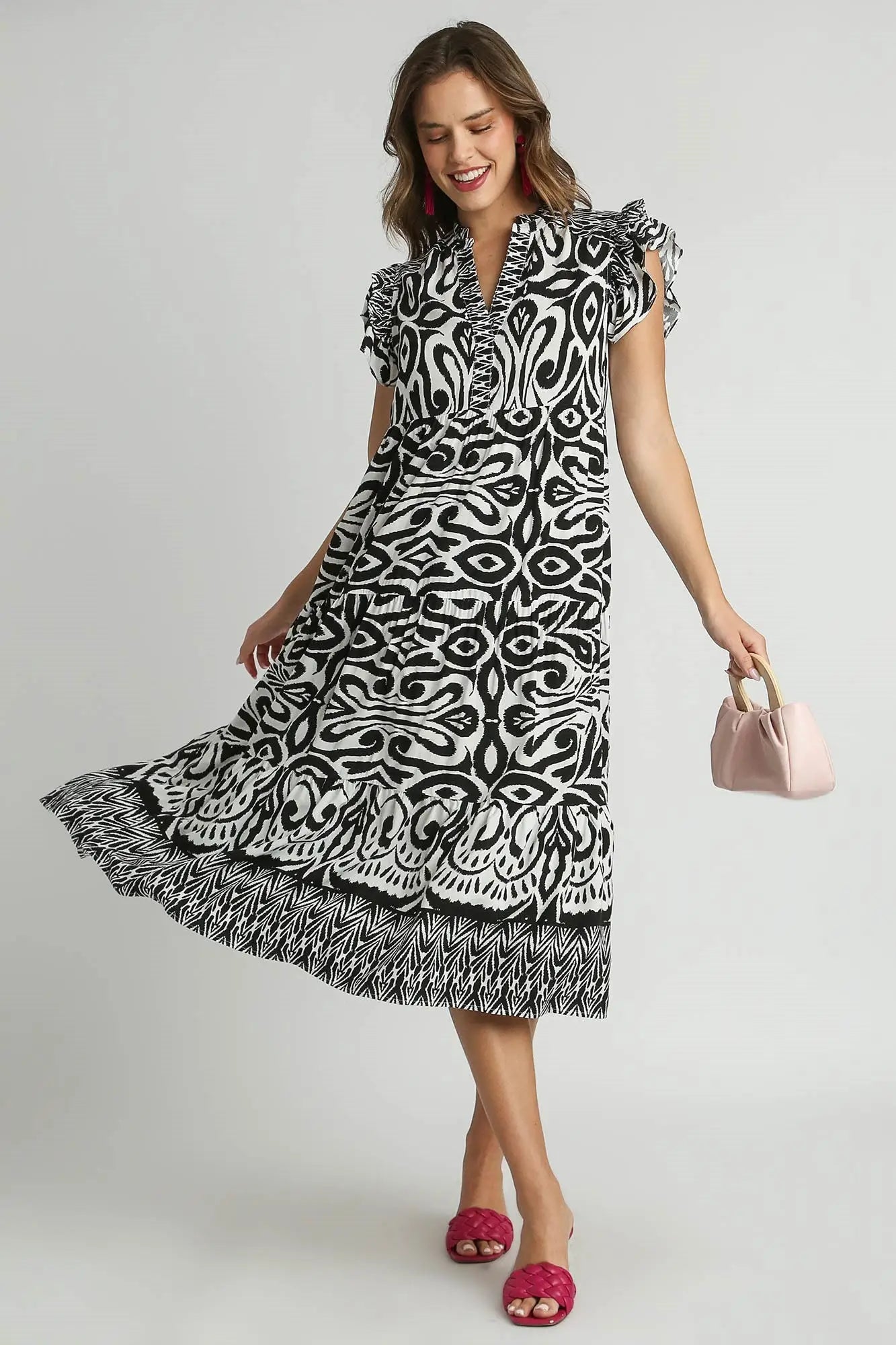Umgee Full Size Two Tone Border Print Ruffle Cap Sleeve Midi Dress Plus Size - Eclectage
