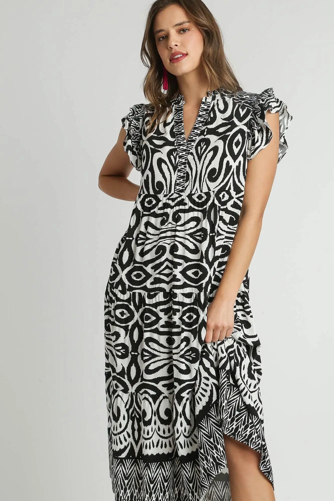 Umgee Full Size Two Tone Border Print Ruffle Cap Sleeve Midi Dress Plus Size - Eclectage