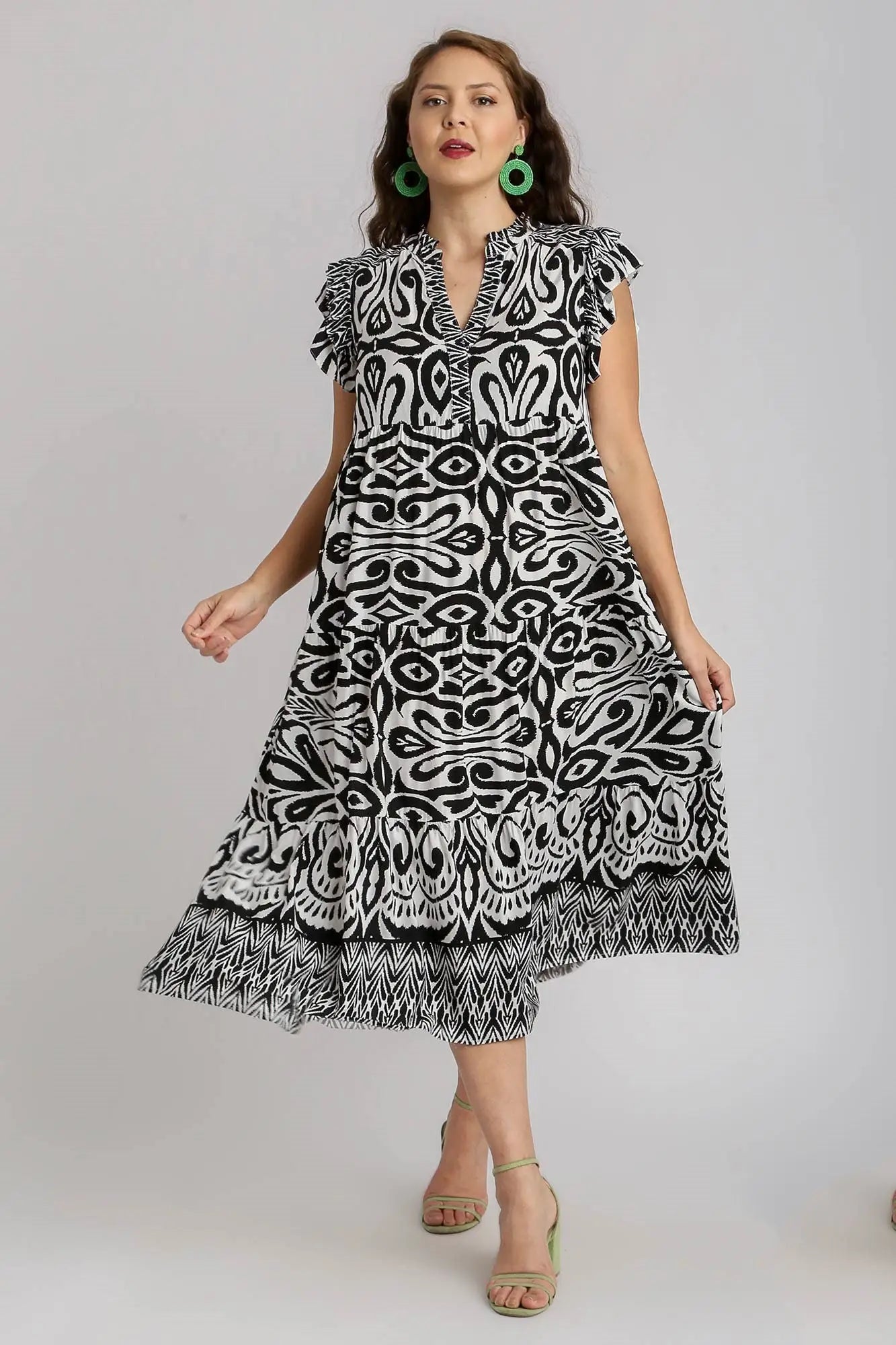 Umgee Full Size Two Tone Border Print Ruffle Cap Sleeve Midi Dress Plus Size - Eclectage