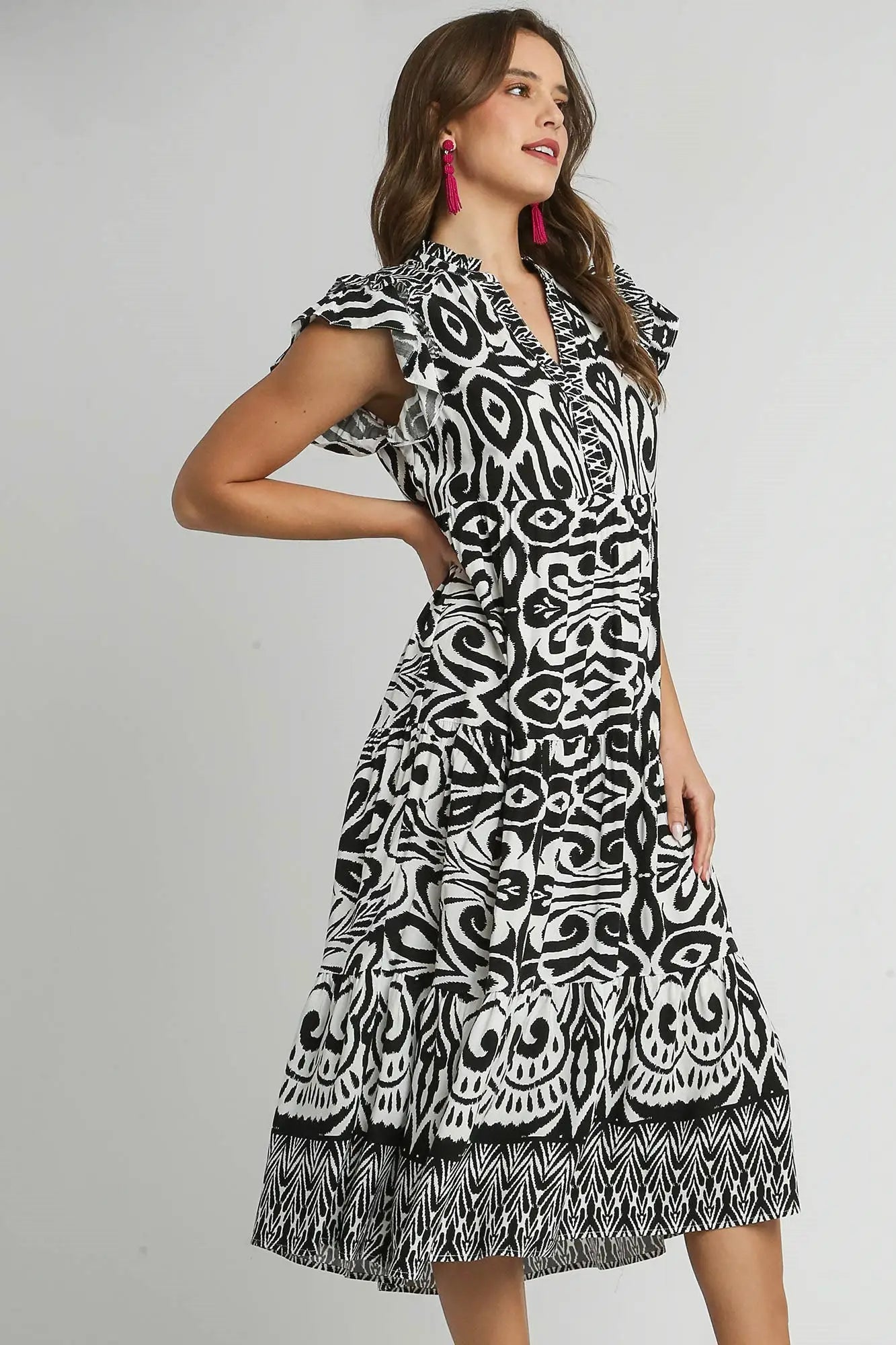Umgee Full Size Two Tone Border Print Ruffle Cap Sleeve Midi Dress Plus Size - Eclectage