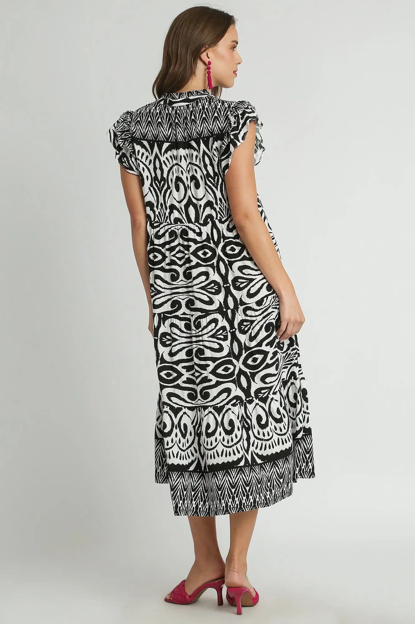 Umgee Full Size Two Tone Border Print Ruffle Cap Sleeve Midi Dress Plus Size - Eclectage