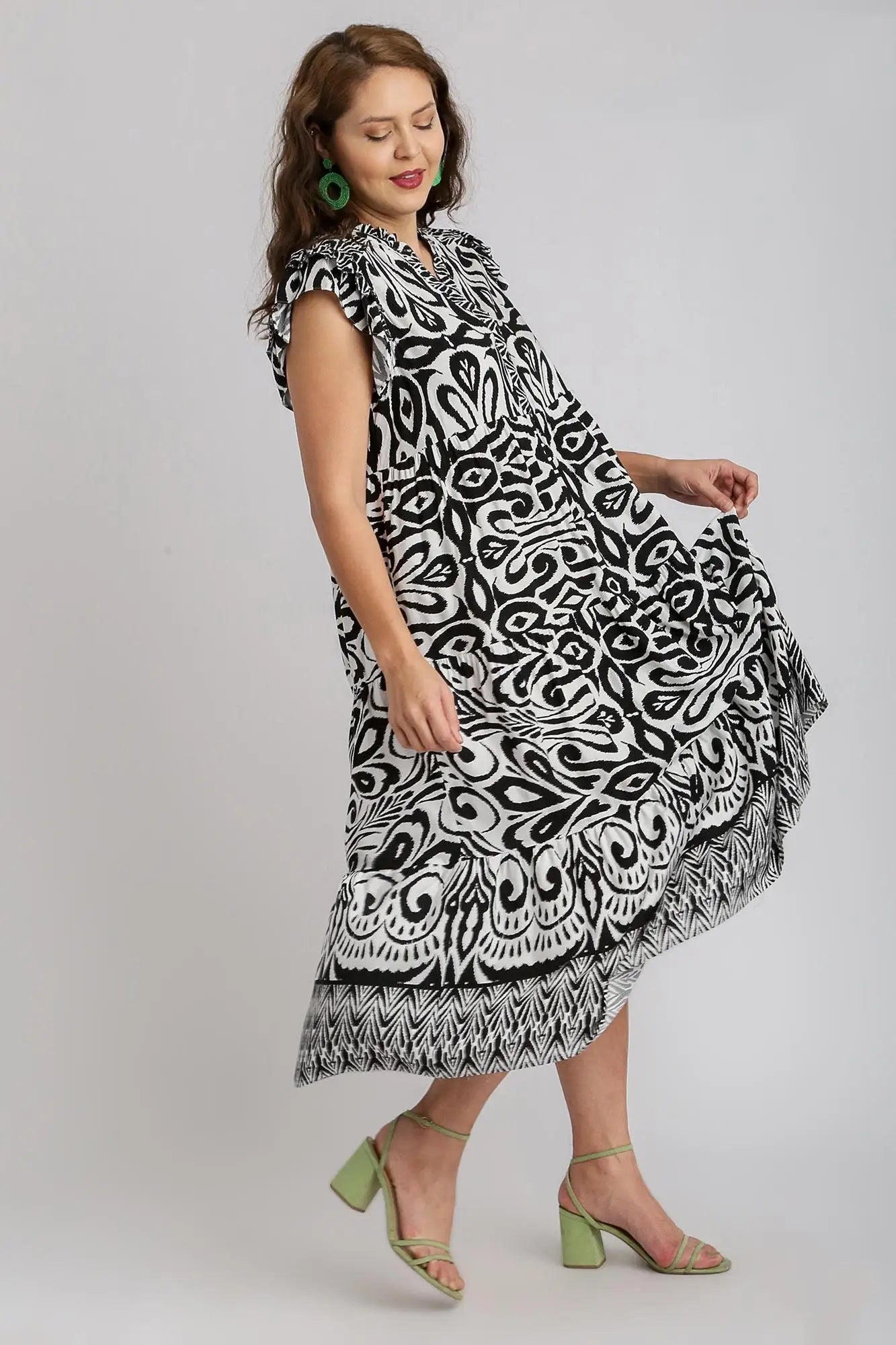 Umgee Full Size Two Tone Border Print Ruffle Cap Sleeve Midi Dress Plus Size - Eclectage