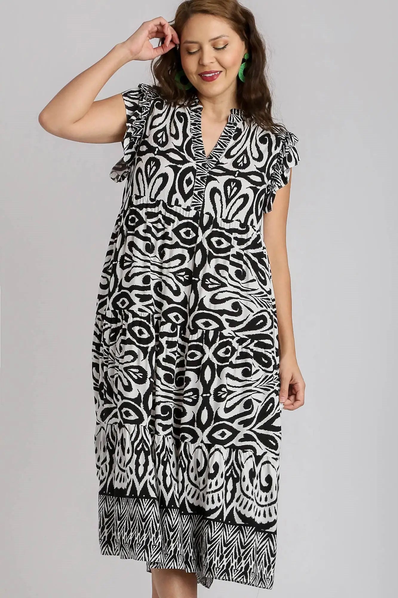 Umgee Full Size Two Tone Border Print Ruffle Cap Sleeve Midi Dress Plus Size - Eclectage