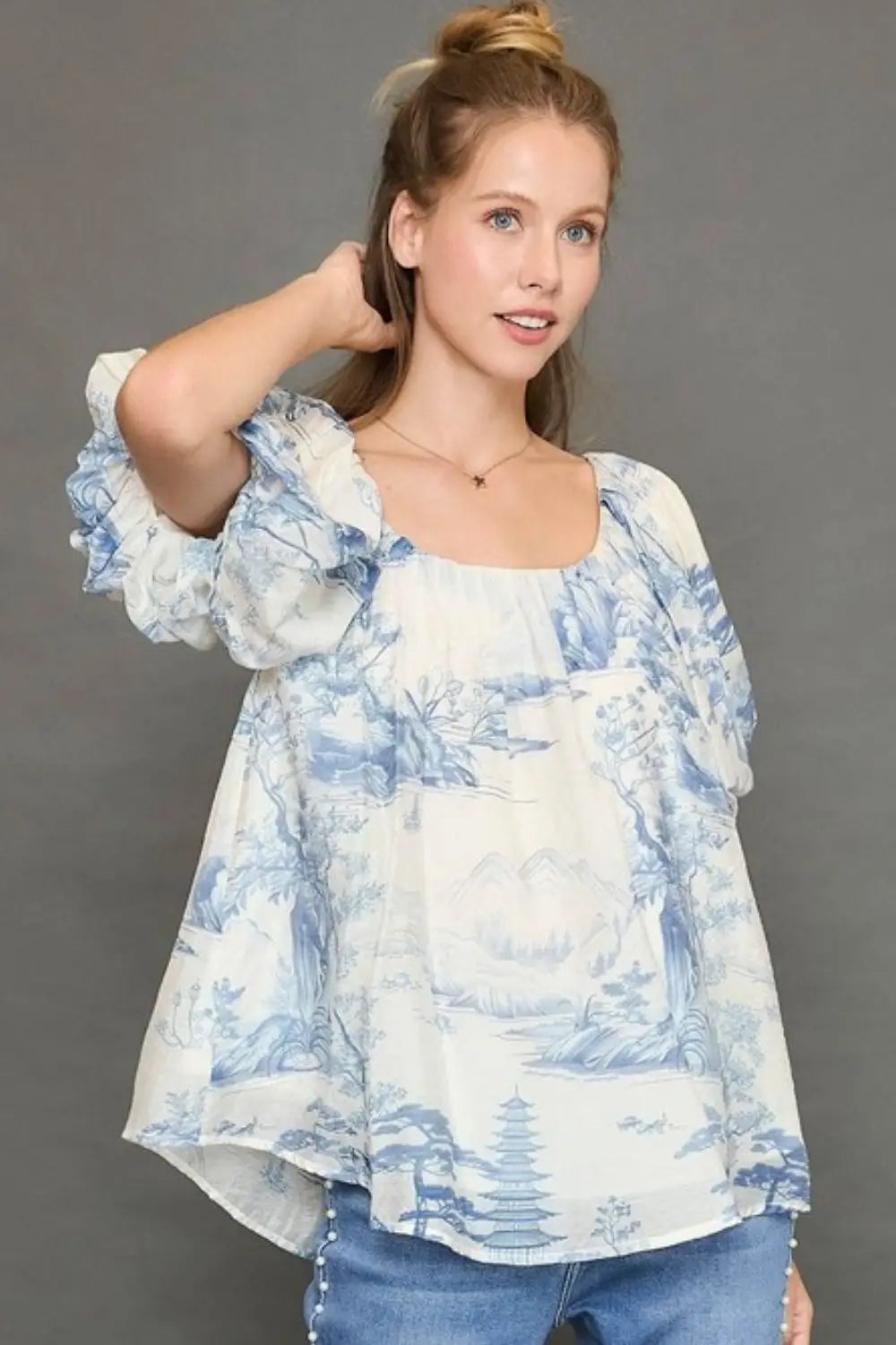 Two Tone Toile Print Top - Eclectage