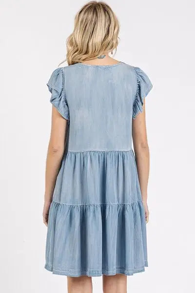 V-Neck Ruffled Denim Mini Dress - Eclectage