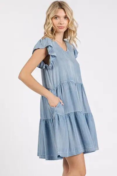 V-Neck Ruffled Denim Mini Dress - Eclectage