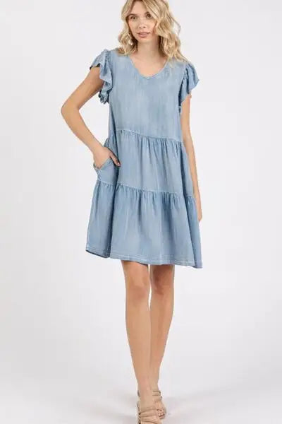 V-Neck Ruffled Denim Mini Dress - Eclectage