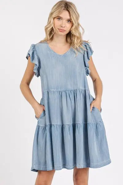 V-Neck Ruffled Denim Mini Dress - Eclectage