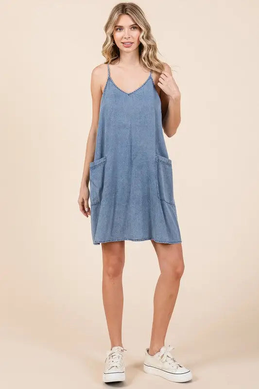 Mittoshop Washed Patch Pocket Mini Cami Denim Dress - Eclectage