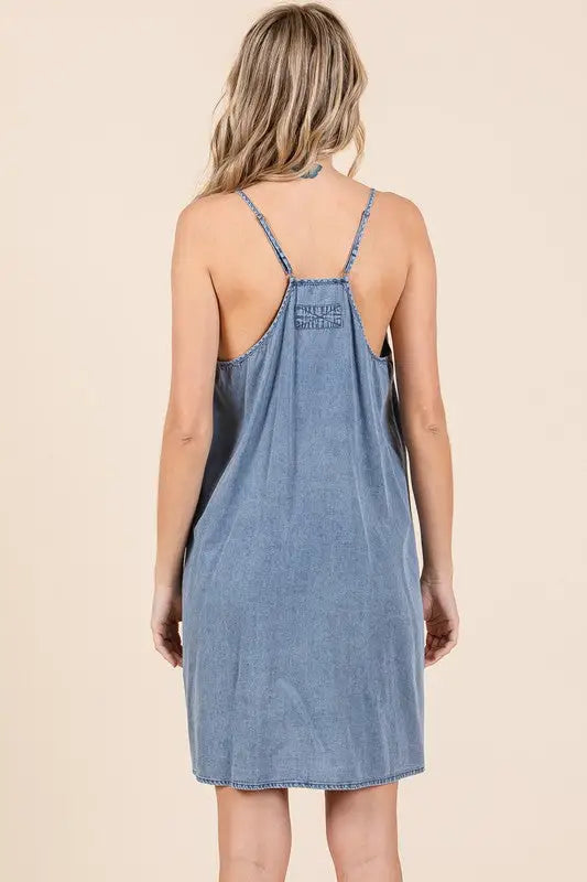 Mittoshop Washed Patch Pocket Mini Cami Denim Dress - Eclectage