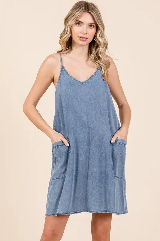 Mittoshop Washed Patch Pocket Mini Cami Denim Dress - Eclectage
