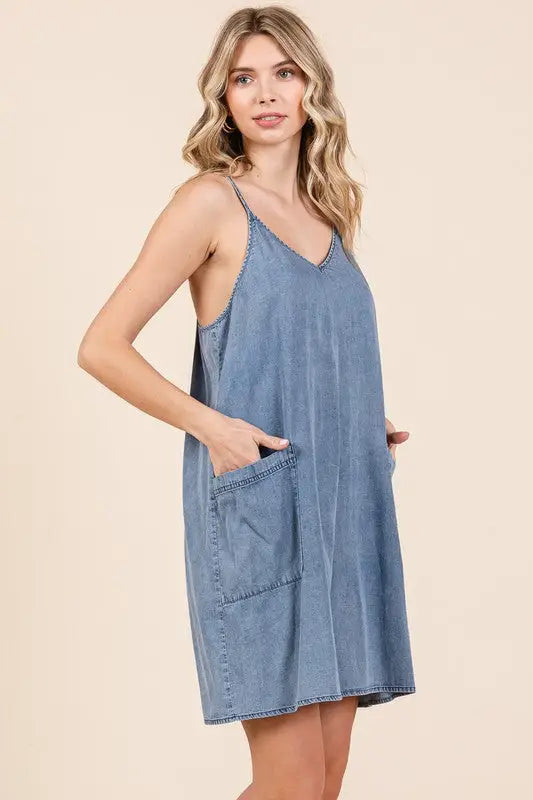 Mittoshop Washed Patch Pocket Mini Cami Denim Dress - Eclectage