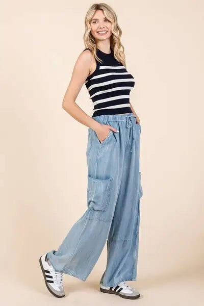 Washed Elastic Waist Cargo Denim Pants - Eclectage
