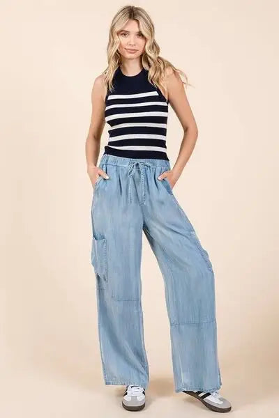 Washed Elastic Waist Cargo Denim Pants - Eclectage