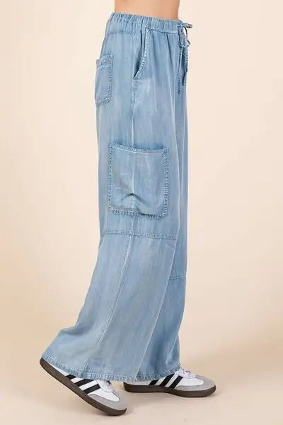 Washed Elastic Waist Cargo Denim Pants - Eclectage