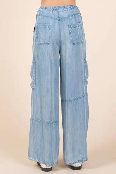 Washed Elastic Waist Cargo Denim Pants - Eclectage