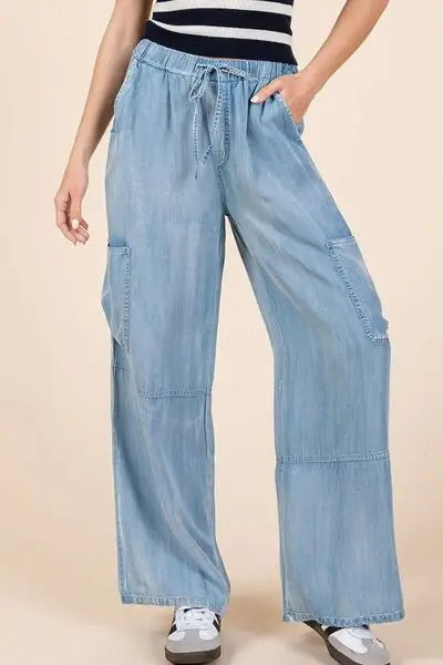 Washed Elastic Waist Cargo Denim Pants - Eclectage