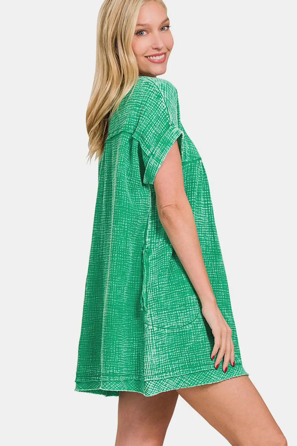 Washed Notched Short Sleeve Mini Dress - Eclectage