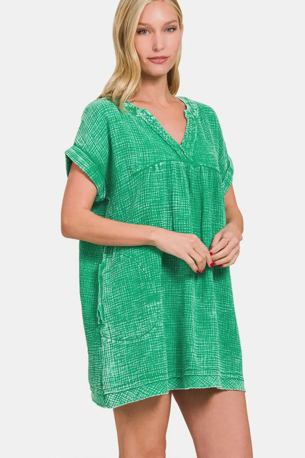 Washed Notched Short Sleeve Mini Dress - Eclectage