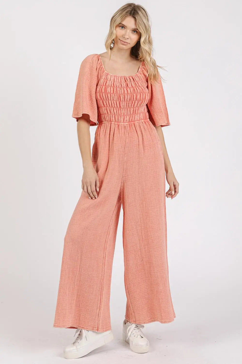 Mittoshop Mineral Wash Gauze Ruched Wide Leg Jumpsuit - Eclectage