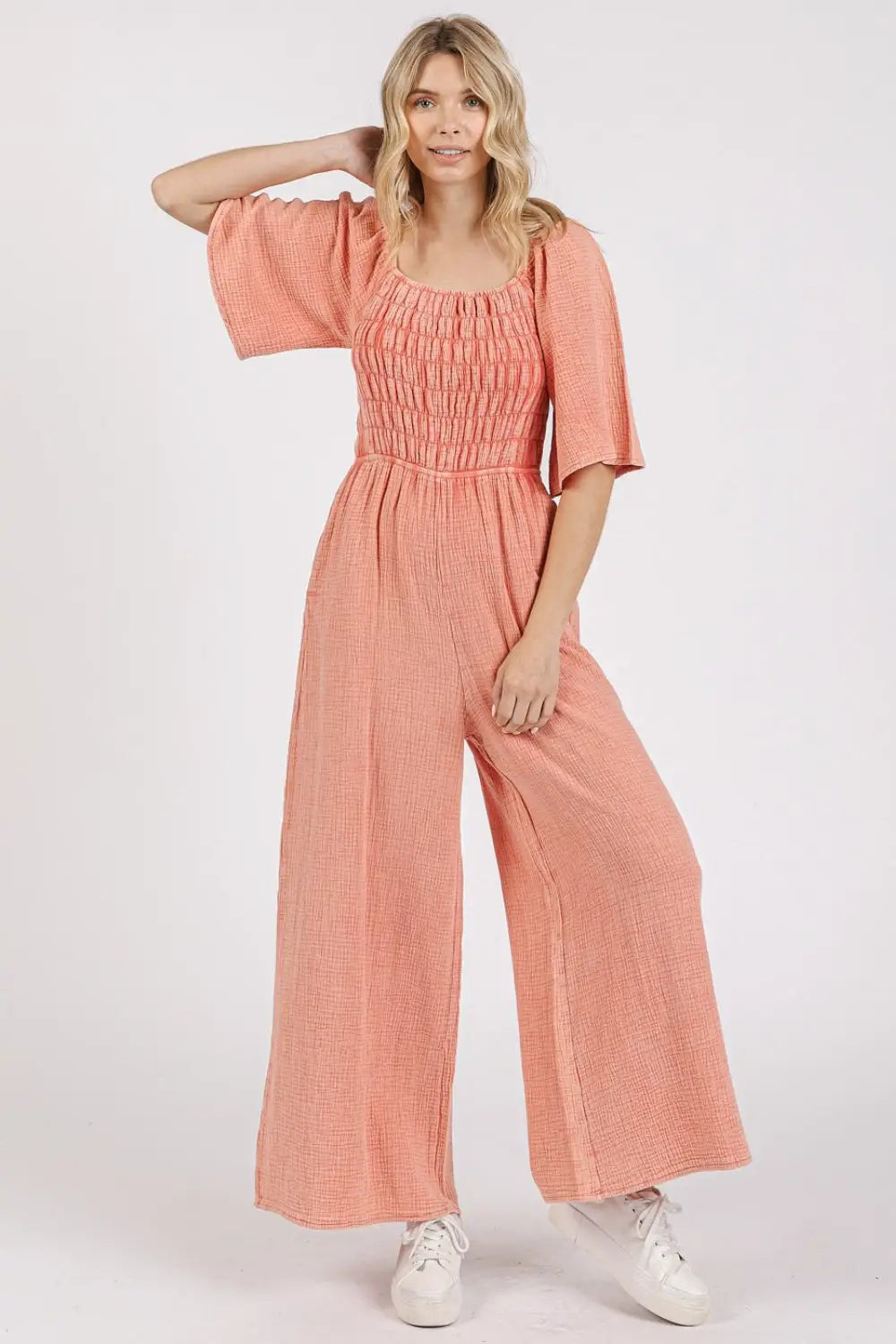 Mittoshop Mineral Wash Gauze Ruched Wide Leg Jumpsuit - Eclectage