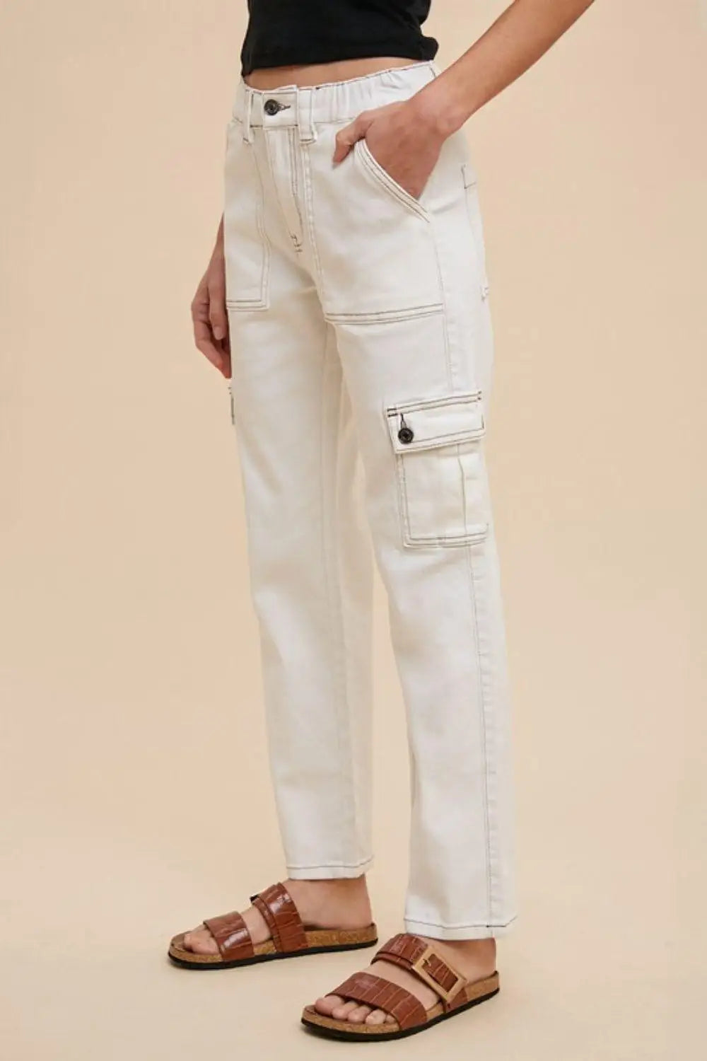 White Straight Leg Cargo Jeans - Eclectage