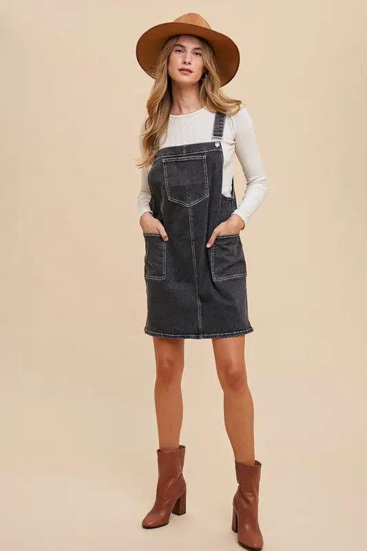 Wide Strap Black Denim Overall Dress - Eclectage