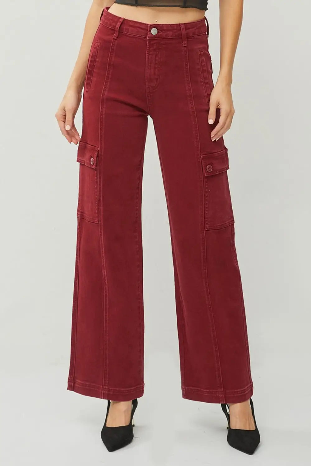 Wine High Rise Wide Leg Cargo Jeans - Eclectage