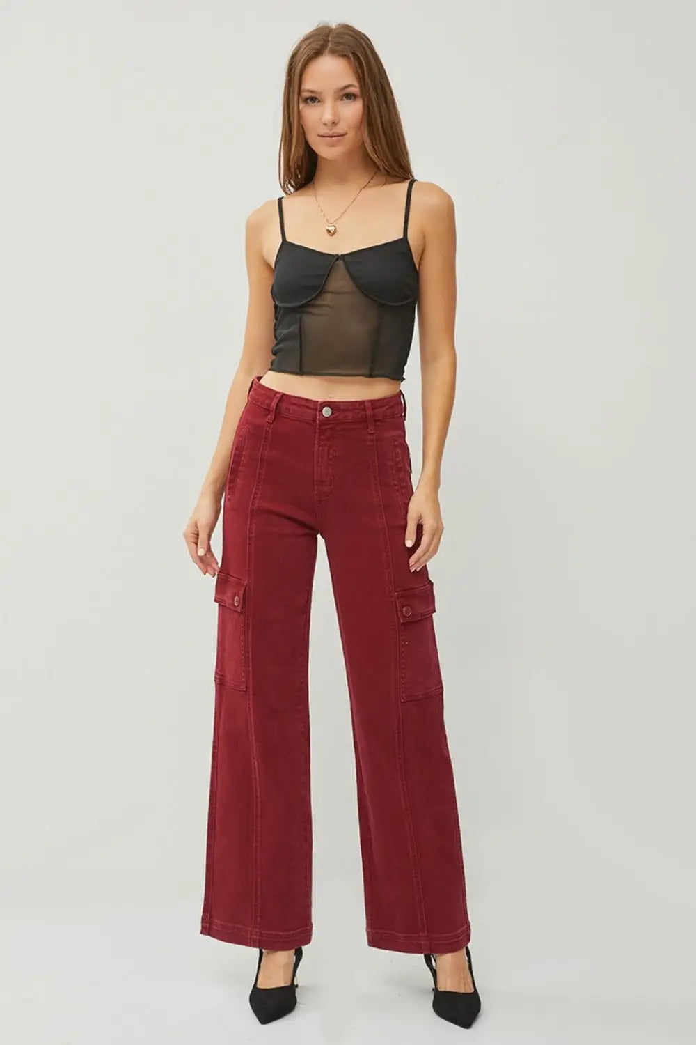 Wine High Rise Wide Leg Cargo Jeans - Eclectage