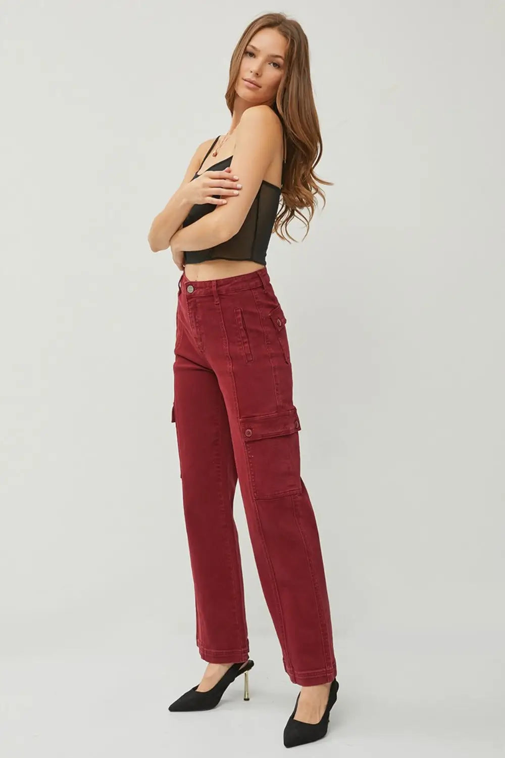 Wine High Rise Wide Leg Cargo Jeans - Eclectage
