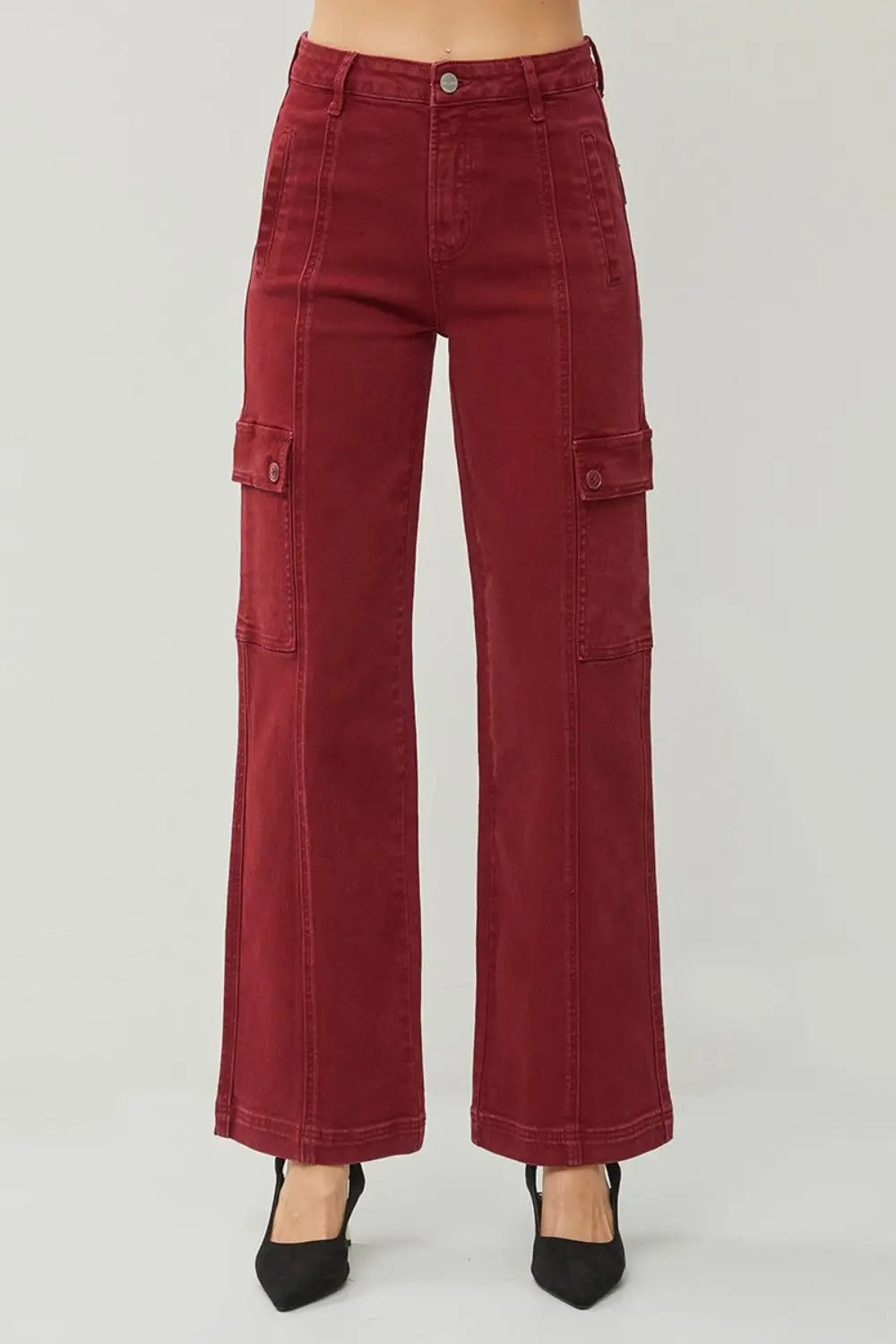 Wine High Rise Wide Leg Cargo Jeans - Eclectage