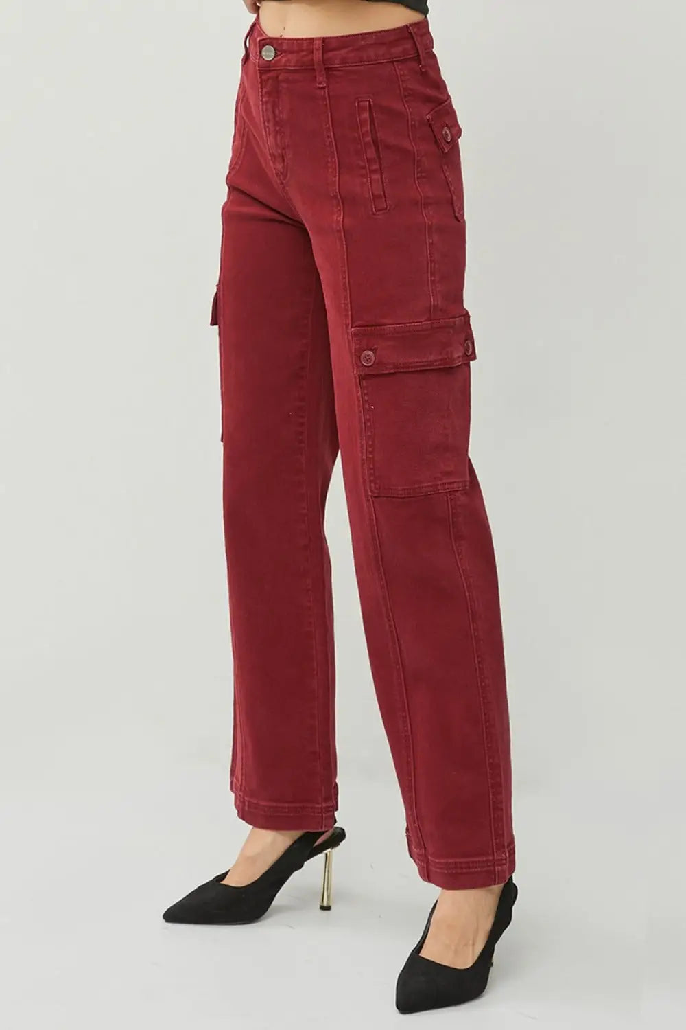 Wine High Rise Wide Leg Cargo Jeans - Eclectage
