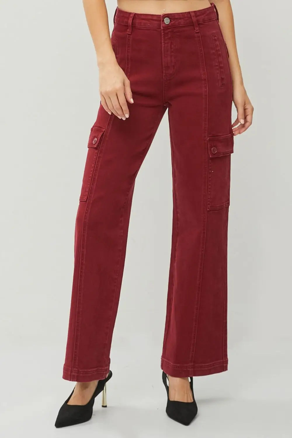 Wine High Rise Wide Leg Cargo Jeans - Eclectage