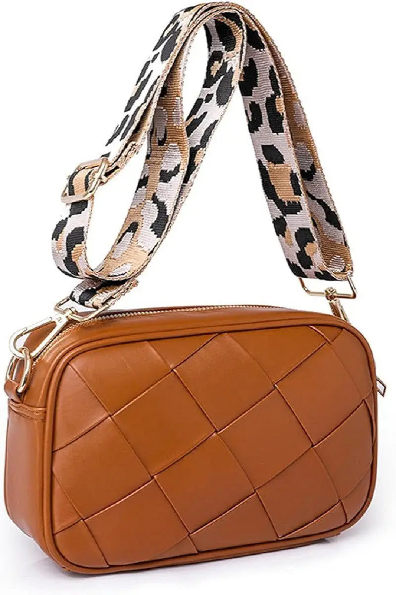 Woven Crossbody Bag with Leopard Strap - Eclectage