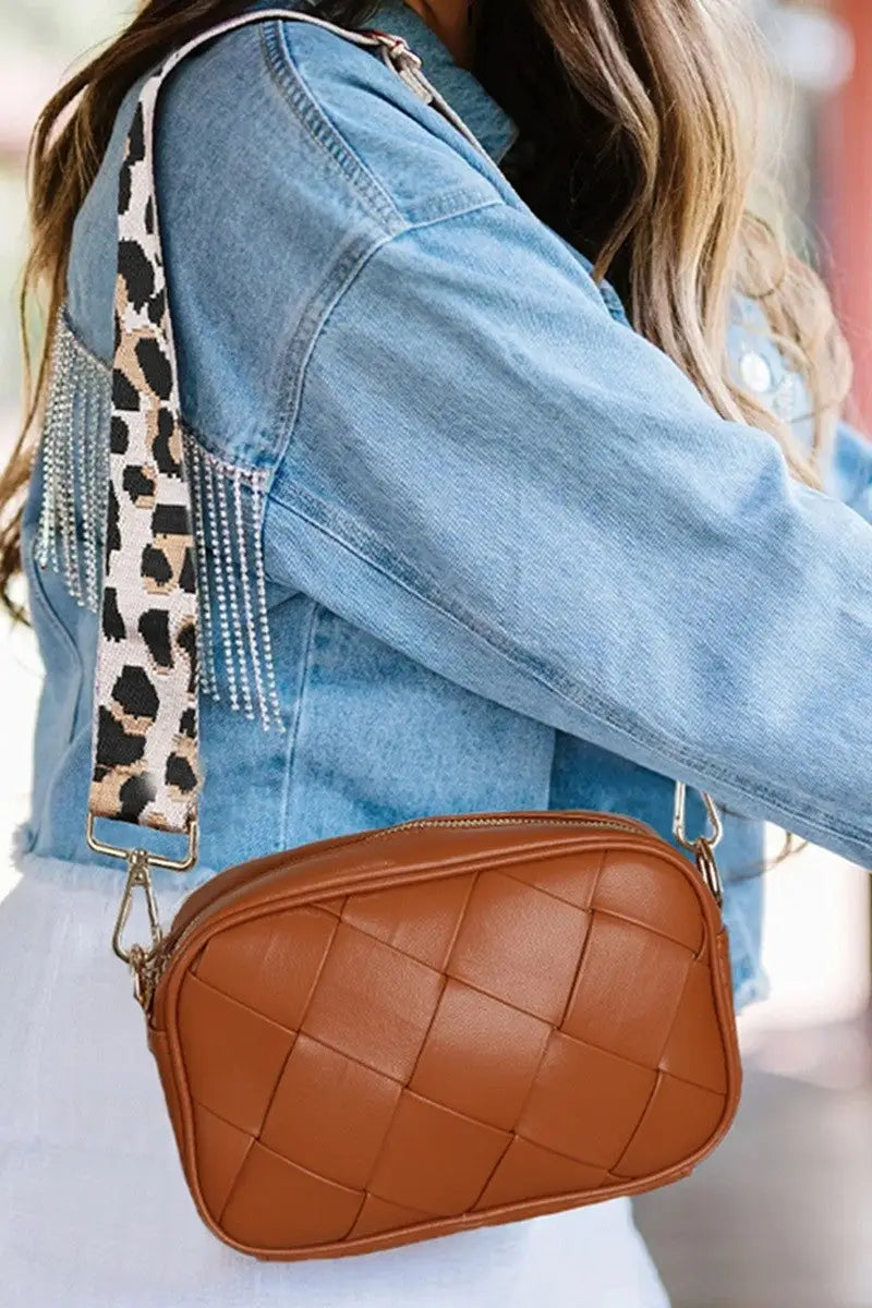 Woven Crossbody Bag with Leopard Strap - Eclectage
