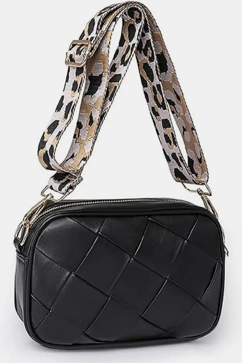 Woven Crossbody Bag with Leopard Strap - Eclectage