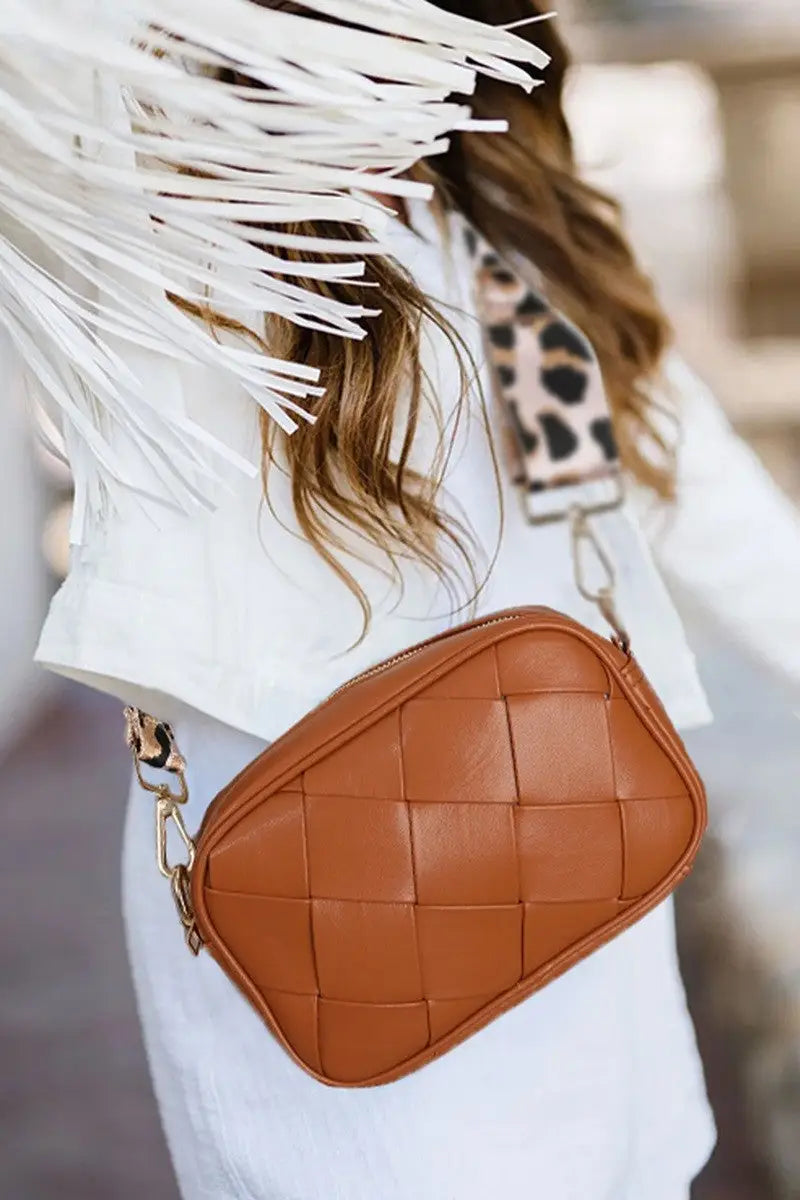 Woven Crossbody Bag with Leopard Strap - Eclectage