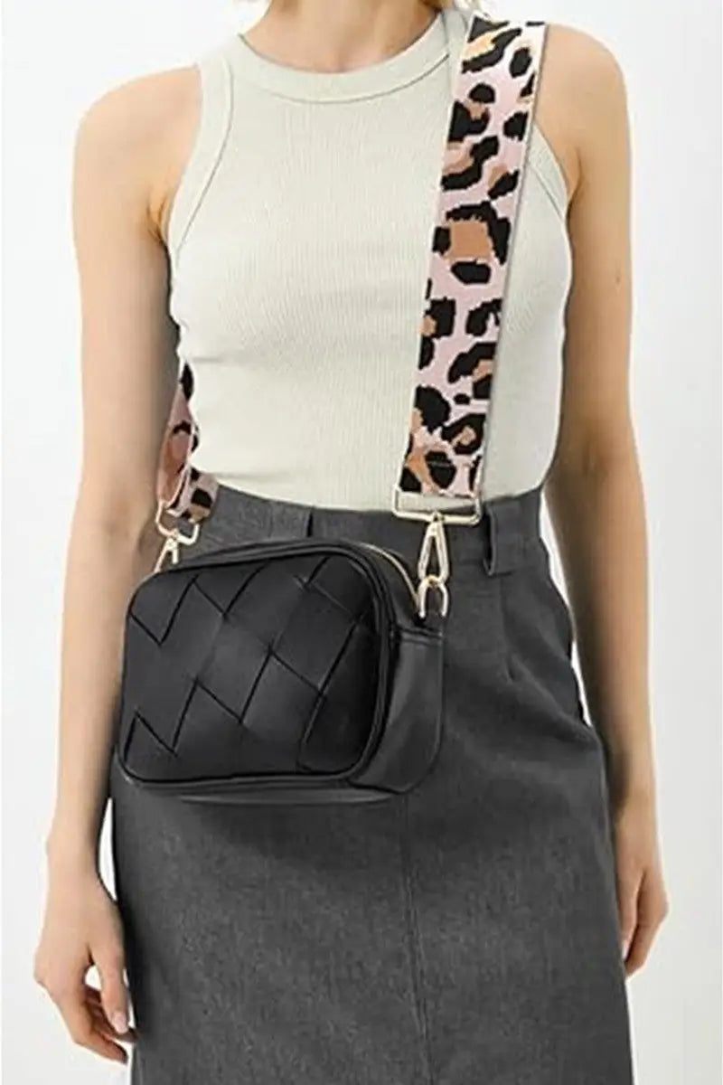 Woven Crossbody Bag with Leopard Strap - Eclectage