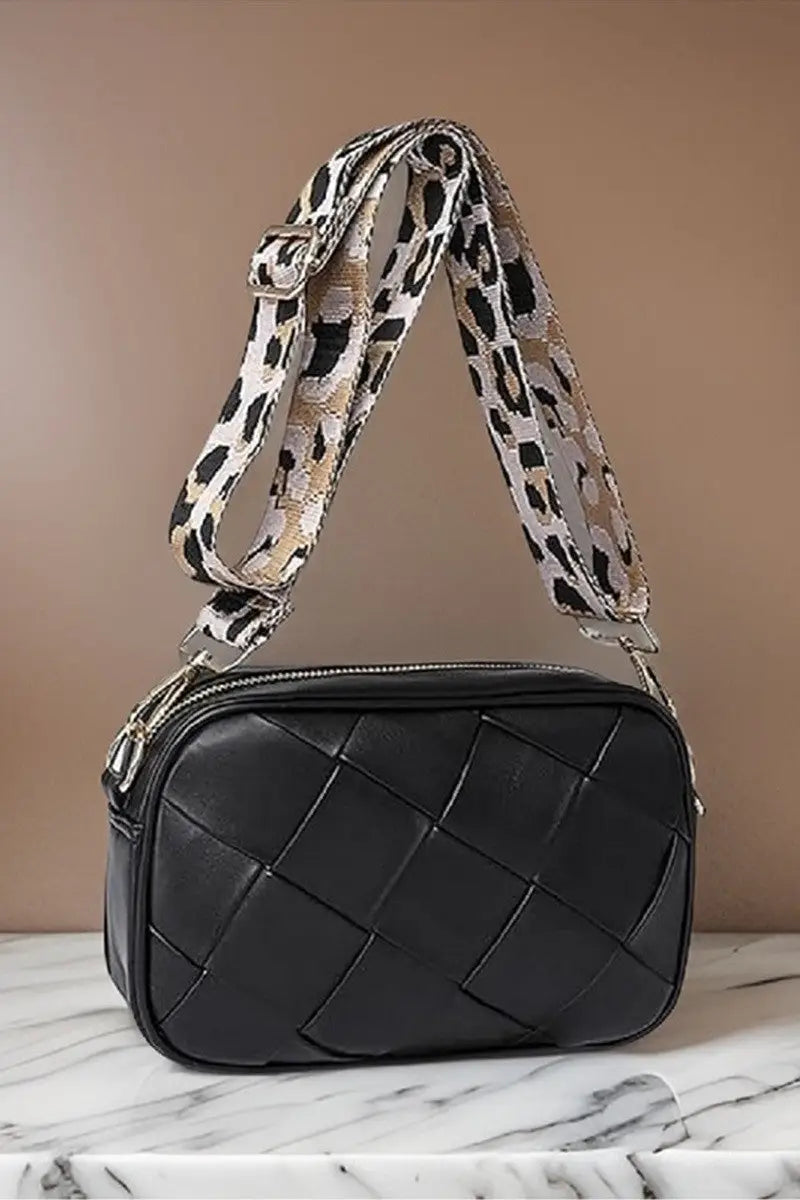 Woven Crossbody Bag with Leopard Strap - Eclectage