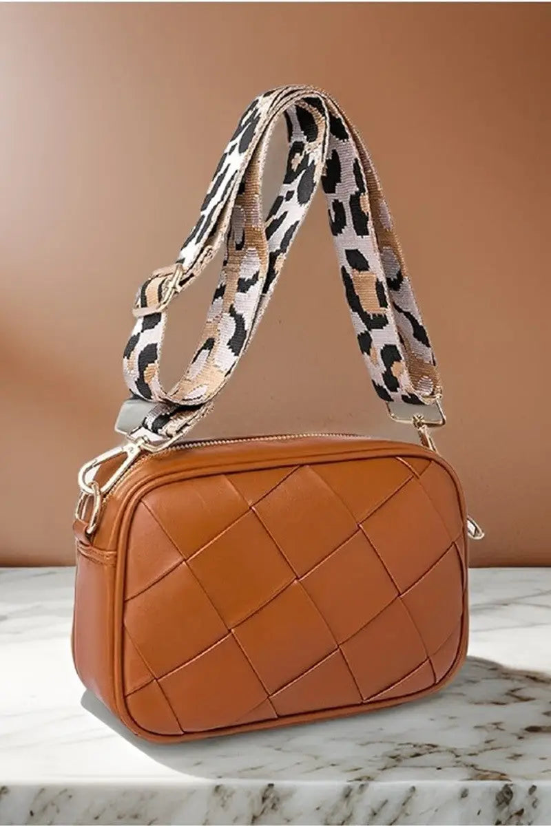 Woven Crossbody Bag with Leopard Strap - Eclectage