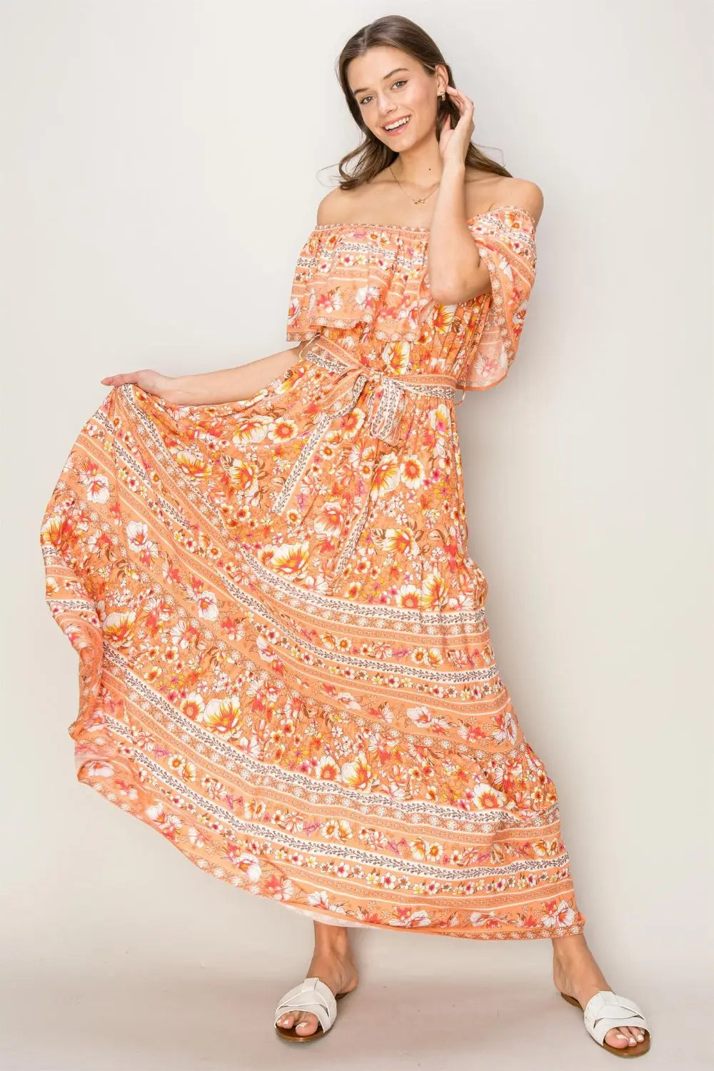 Apricot floral maxi dress, off shoulder with tie front