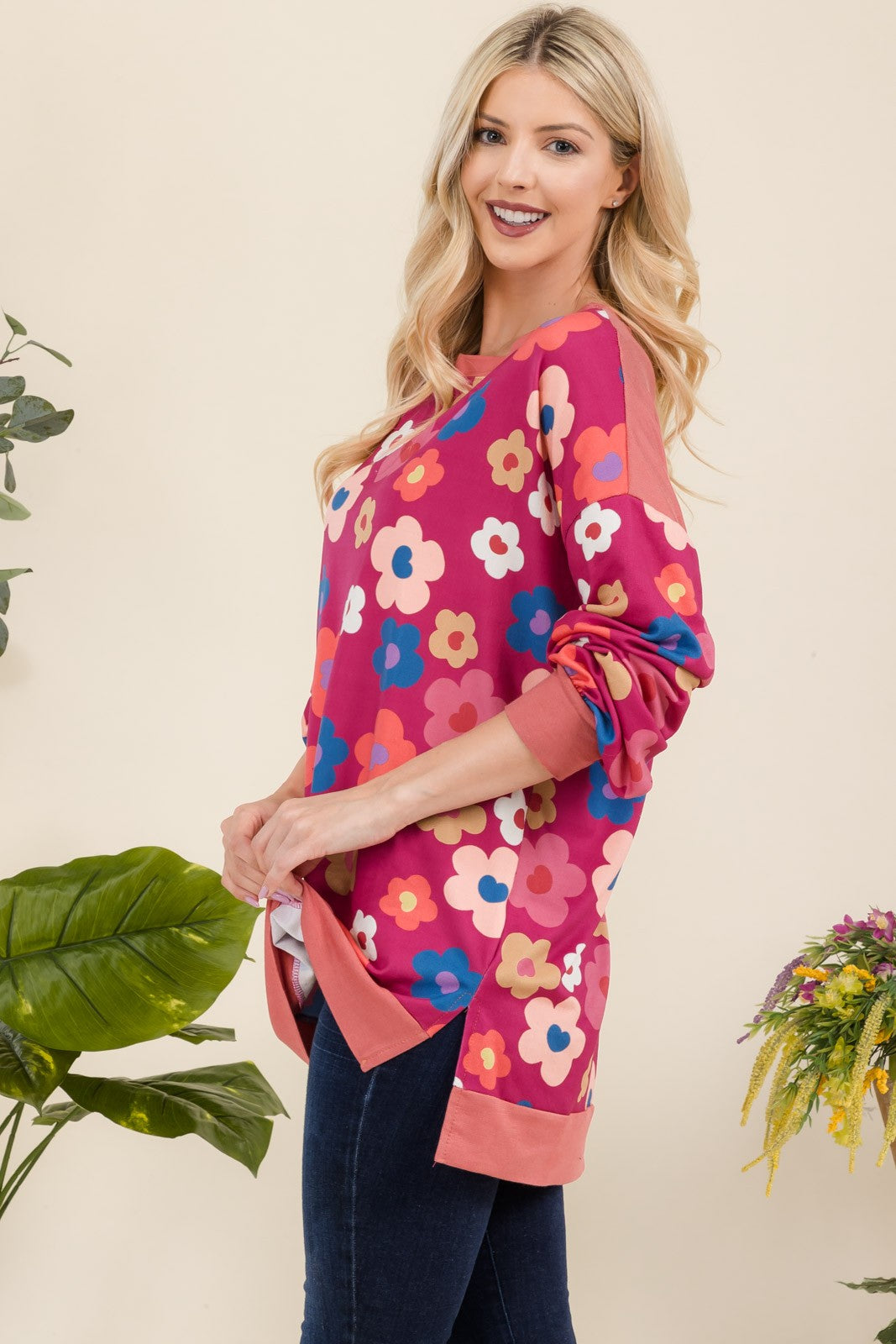 Side Slit Flower Print Long Sleeve Top - Eclectage