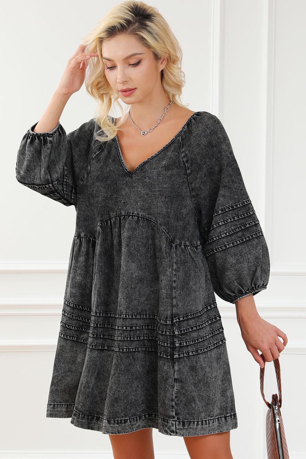 V-Neck Three Quarter Sleeve Denim Dress - Eclectage