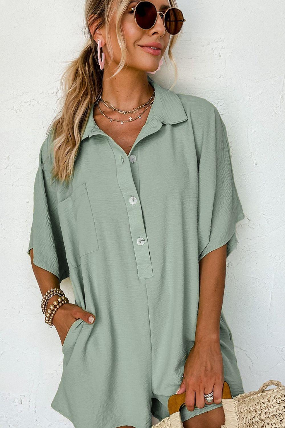 Half Button Collared Neck Romper - Eclectage