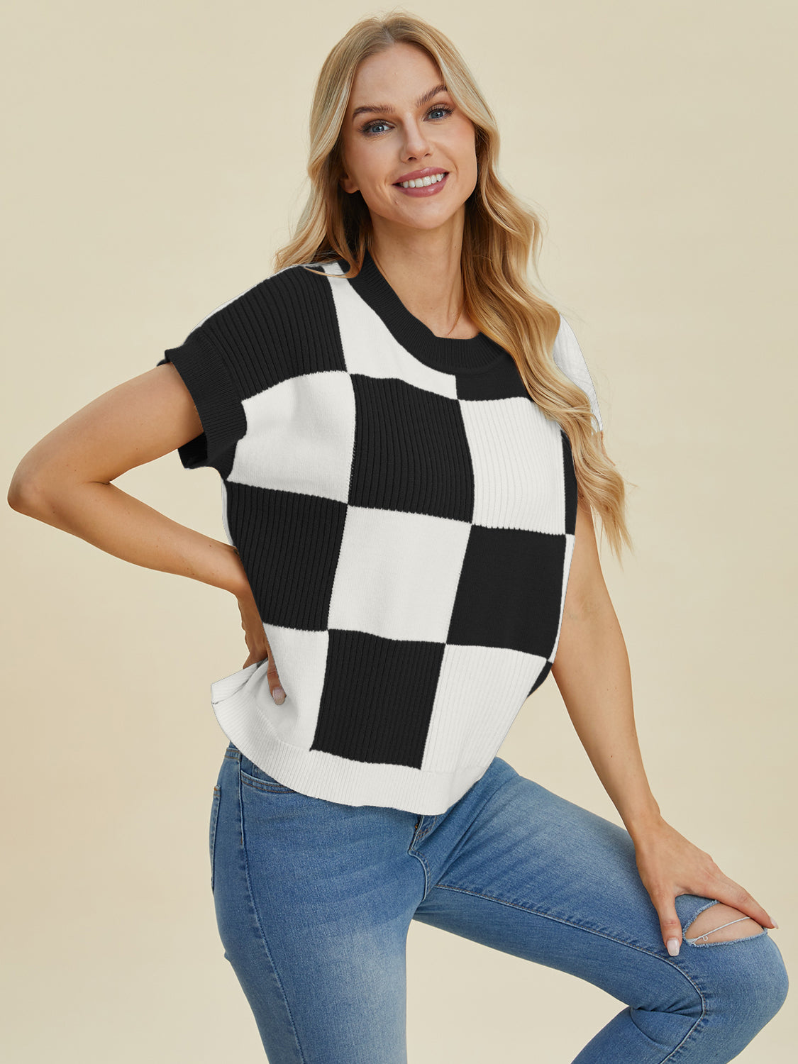 Double Take Full Size Checkered Round Neck Short Sleeve Sweater - Eclectage