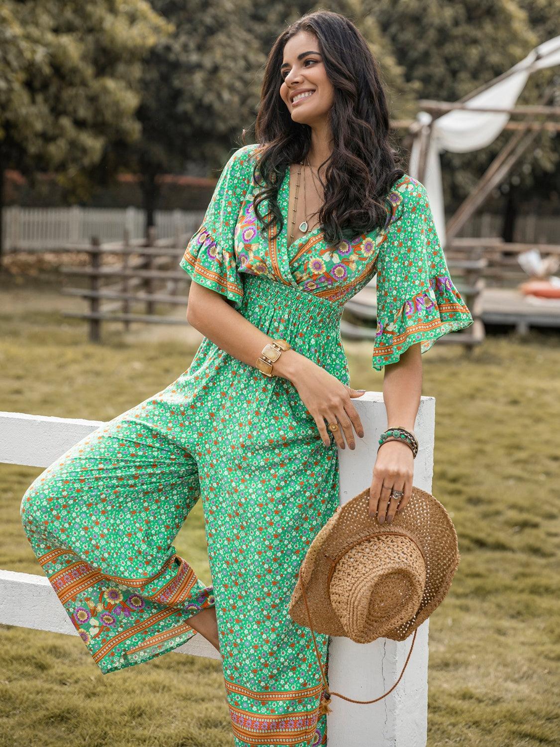 Floral Surplice Flutter Sleeve Jumpsuit - Eclectage