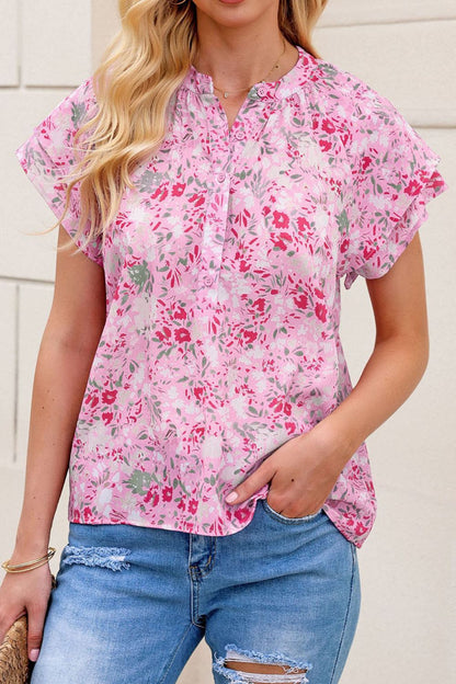 Pink Floral Short Sleeve Blouse - Eclectage