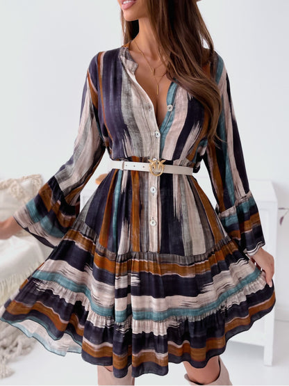 Buttoned Striped Long Sleeve Mini Dress